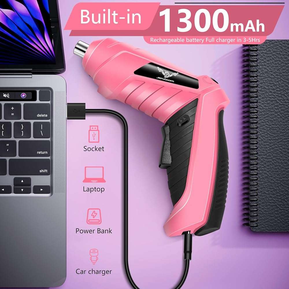 JENABOM 14-in-1 3.6V Pink USB Rechargeable Electric Screwdriver Set | Cordless Power Screwdriver with Bits, Ideal for Electronics Repair, Furniture Assembly & Household DIY Projects - Image 4