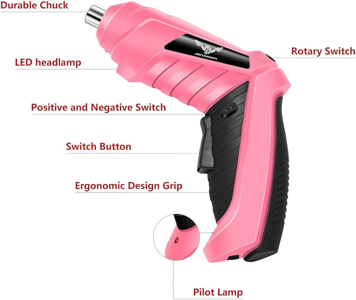 JENABOM 14-in-1 3.6V Pink USB Rechargeable Electric Screwdriver Set | Cordless Power Screwdriver with Bits, Ideal for Electronics Repair, Furniture Assembly & Household DIY Projects - Image 6
