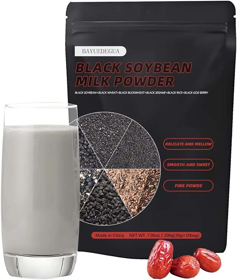 BAYUEDEGUA-Black soybean milk powder 200g/7.05oz Black soybeans+Black quinoa+Black sesame+Black rice+Black fruit medlar.High calcium,High protein,Pure plant-based formula.Contains 10 small bags. - Image 1