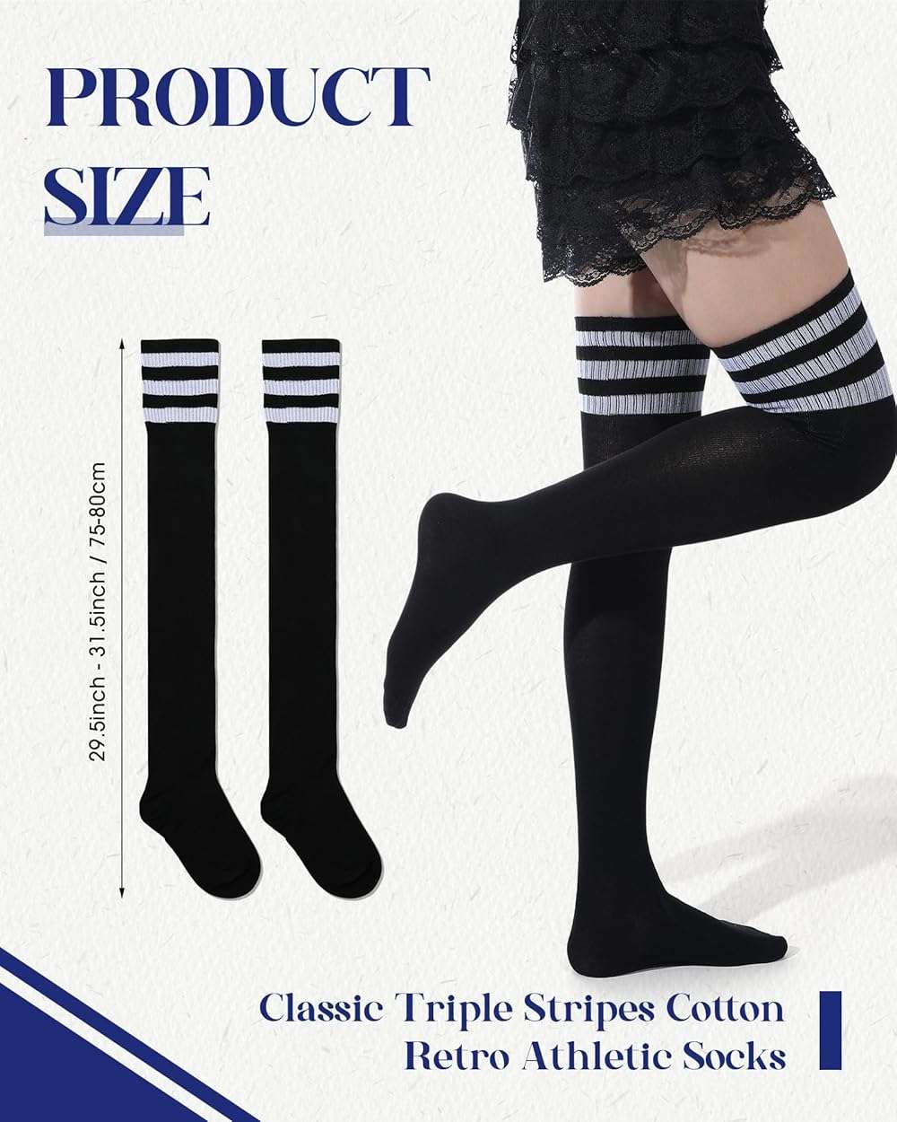 Ramede 2 Pairs Women's Three Stripes Thigh High Socks Extra Long High Thigh Socks Striped over Knee Long Opaque Stockings - Image 2