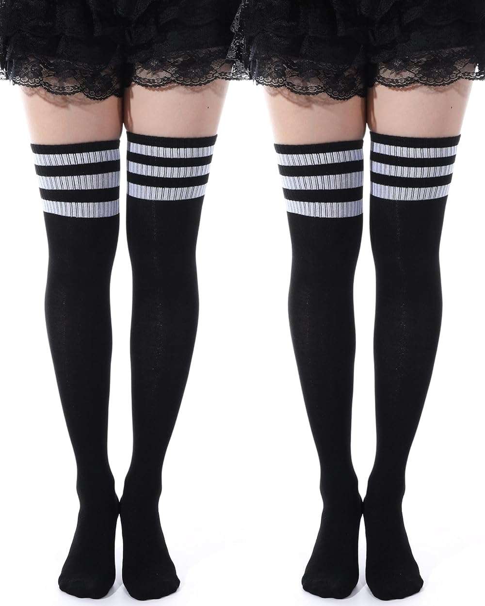 Ramede 2 Pairs Women's Three Stripes Thigh High Socks Extra Long High Thigh Socks Striped over Knee Long Opaque Stockings - Image 8