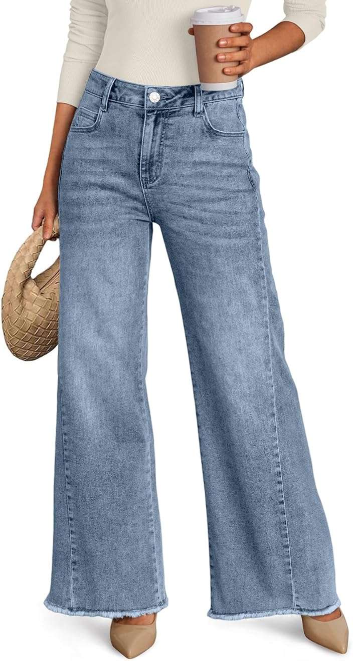 Trendy Queen Women's Wide Leg Jeans, Relaxed Loose Straight Leg with Raw Hem, Comfort Denim Pants - Image 1
