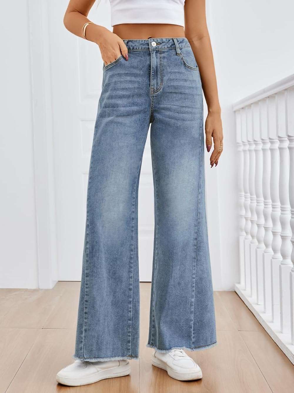Trendy Queen Women's Wide Leg Jeans, Relaxed Loose Straight Leg with Raw Hem, Comfort Denim Pants - Image 2