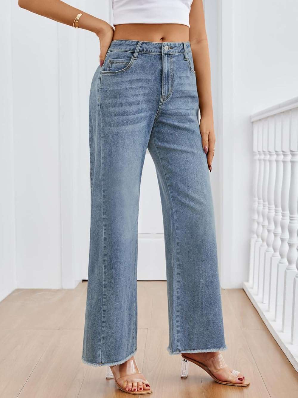Trendy Queen Women's Wide Leg Jeans, Relaxed Loose Straight Leg with Raw Hem, Comfort Denim Pants - Image 3