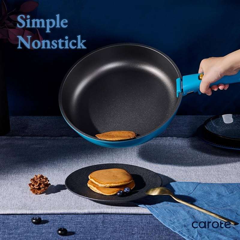 CAROTE 21pcs Pots and Pans Set, Nonstick Cookware Set Detachable Handle, Induction Kitchen Cookware Sets Non Stick with Removable Handle, RV Cookware Set, Peacock Blue - Image 2