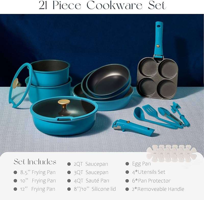 CAROTE 21pcs Pots and Pans Set, Nonstick Cookware Set Detachable Handle, Induction Kitchen Cookware Sets Non Stick with Removable Handle, RV Cookware Set, Peacock Blue - Image 3