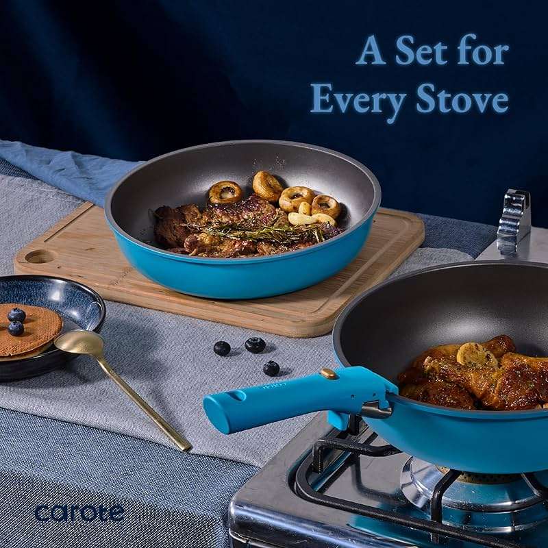 CAROTE 21pcs Pots and Pans Set, Nonstick Cookware Set Detachable Handle, Induction Kitchen Cookware Sets Non Stick with Removable Handle, RV Cookware Set, Peacock Blue - Image 4