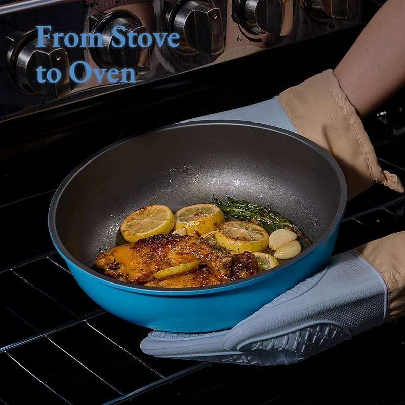 CAROTE 21pcs Pots and Pans Set, Nonstick Cookware Set Detachable Handle, Induction Kitchen Cookware Sets Non Stick with Removable Handle, RV Cookware Set, Peacock Blue - Image 5
