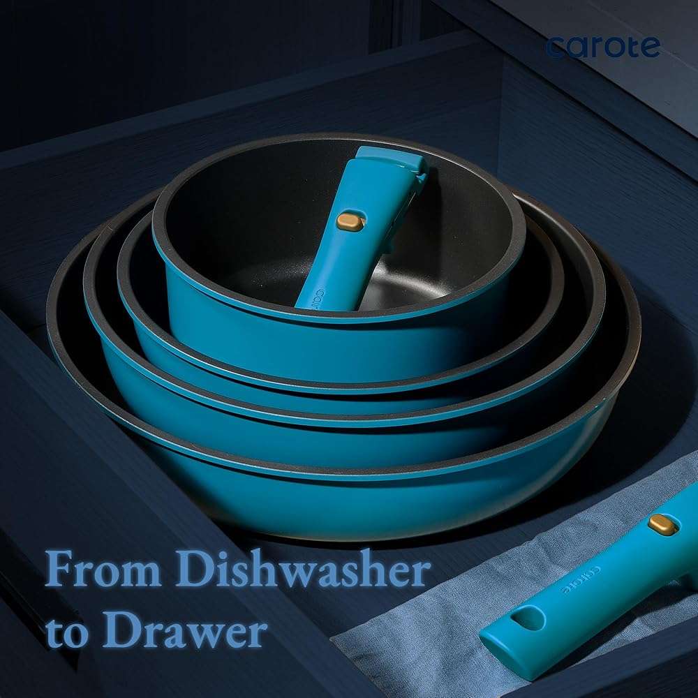 CAROTE 21pcs Pots and Pans Set, Nonstick Cookware Set Detachable Handle, Induction Kitchen Cookware Sets Non Stick with Removable Handle, RV Cookware Set, Peacock Blue - Image 6