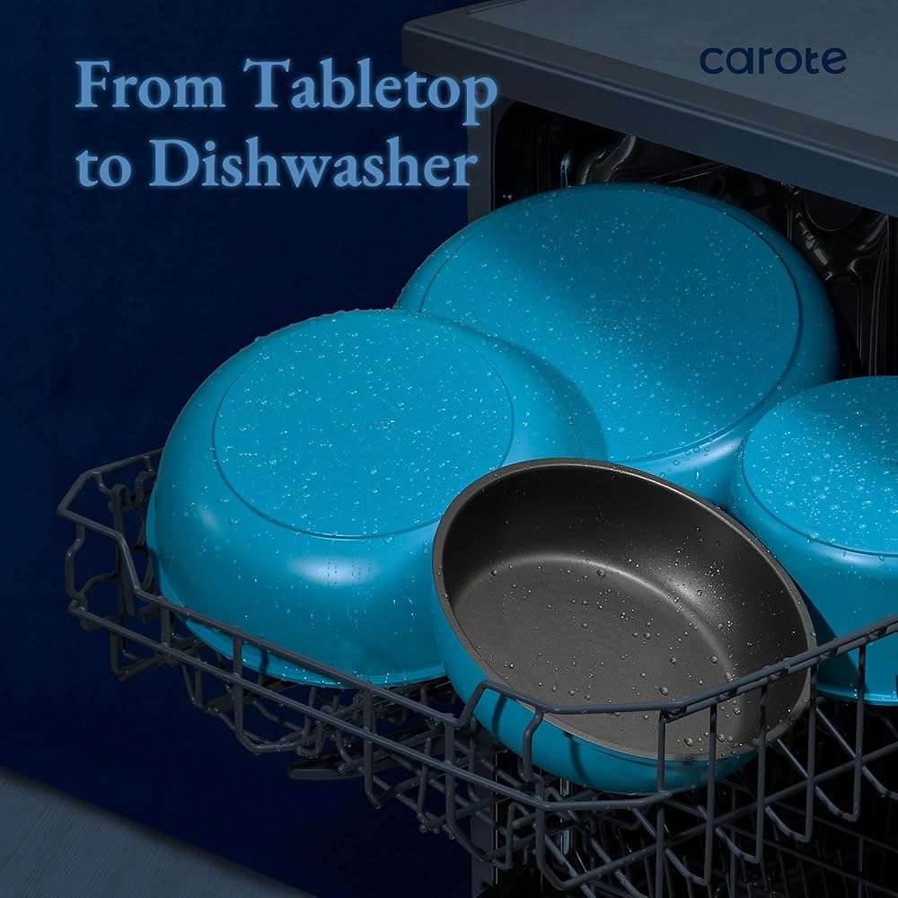 CAROTE 21pcs Pots and Pans Set, Nonstick Cookware Set Detachable Handle, Induction Kitchen Cookware Sets Non Stick with Removable Handle, RV Cookware Set, Peacock Blue - Image 7