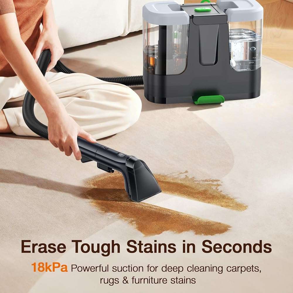Portable Carpet & Upholstery Cleaner, 18Kpa Carpet Cleaner Machine for Deep Stain Removal, Spot Cleaner for Pet Accidents, Area Rugs, Stairs, Car Upholstery & Couches, Includes Tools & Self-Cleaning - Image 3