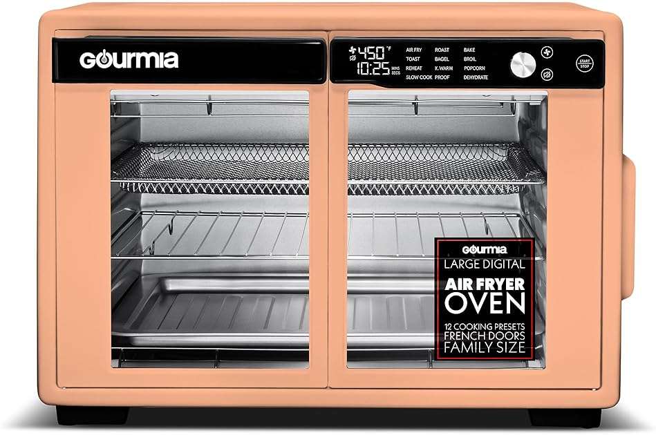 Gourmia French Door Air Fryer Oven - 37 Qt Large Capacity Convection Toaster Oven, FryForce 360°, Digital Display, 12 Cooking Presets, Dehydrate, Fits 13” Pizza, Dishwasher-Safe, Peach - Image 1