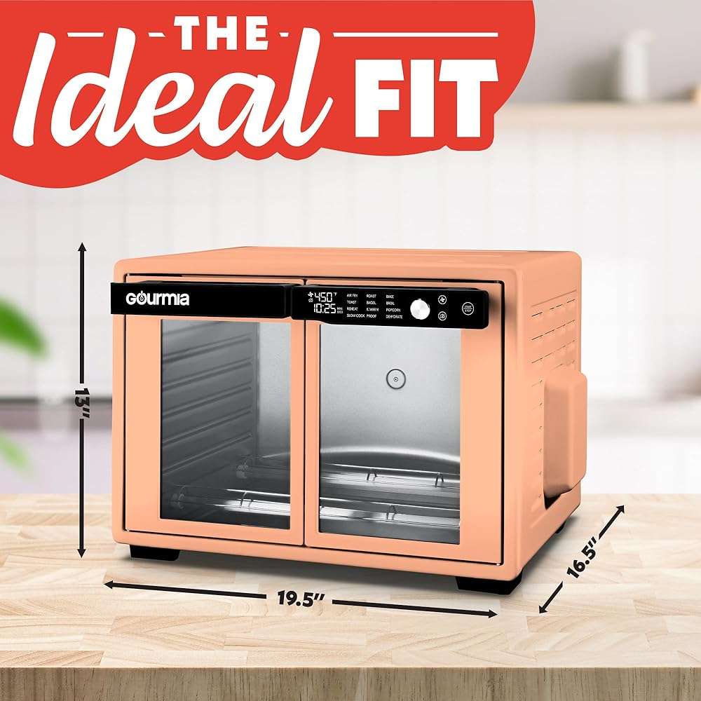 Gourmia French Door Air Fryer Oven - 37 Qt Large Capacity Convection Toaster Oven, FryForce 360°, Digital Display, 12 Cooking Presets, Dehydrate, Fits 13” Pizza, Dishwasher-Safe, Peach - Image 2