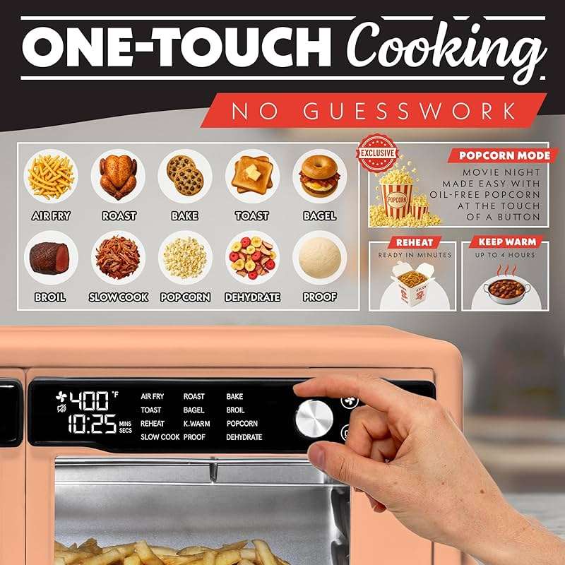 Gourmia French Door Air Fryer Oven - 37 Qt Large Capacity Convection Toaster Oven, FryForce 360°, Digital Display, 12 Cooking Presets, Dehydrate, Fits 13” Pizza, Dishwasher-Safe, Peach - Image 3