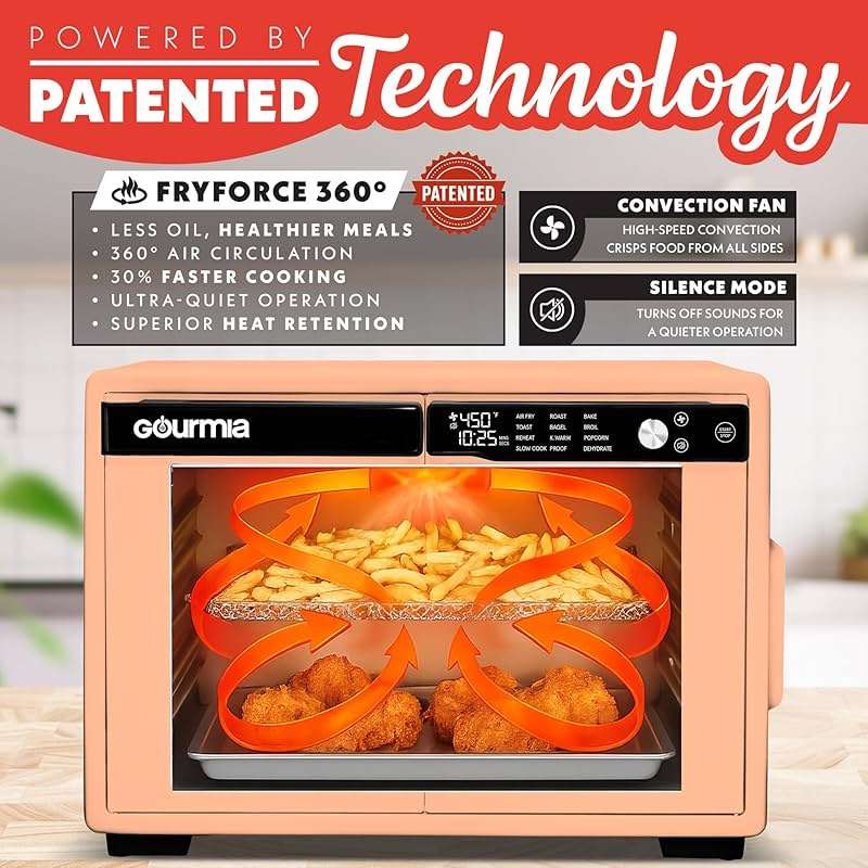 Gourmia French Door Air Fryer Oven - 37 Qt Large Capacity Convection Toaster Oven, FryForce 360°, Digital Display, 12 Cooking Presets, Dehydrate, Fits 13” Pizza, Dishwasher-Safe, Peach - Image 4