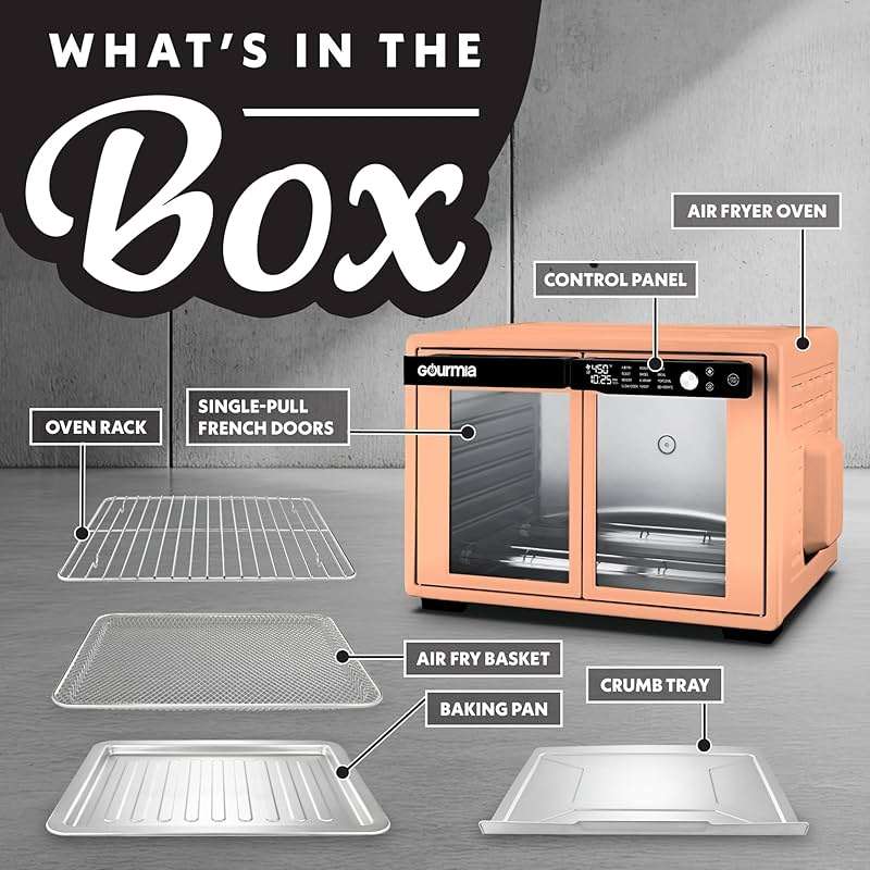 Gourmia French Door Air Fryer Oven - 37 Qt Large Capacity Convection Toaster Oven, FryForce 360°, Digital Display, 12 Cooking Presets, Dehydrate, Fits 13” Pizza, Dishwasher-Safe, Peach - Image 5