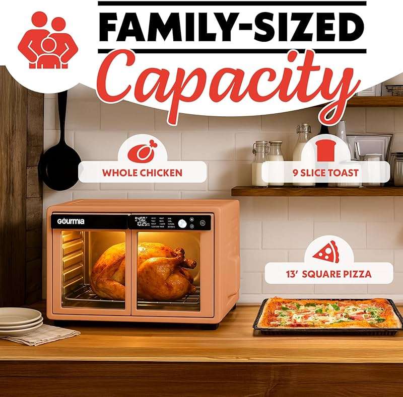 Gourmia French Door Air Fryer Oven - 37 Qt Large Capacity Convection Toaster Oven, FryForce 360°, Digital Display, 12 Cooking Presets, Dehydrate, Fits 13” Pizza, Dishwasher-Safe, Peach - Image 7