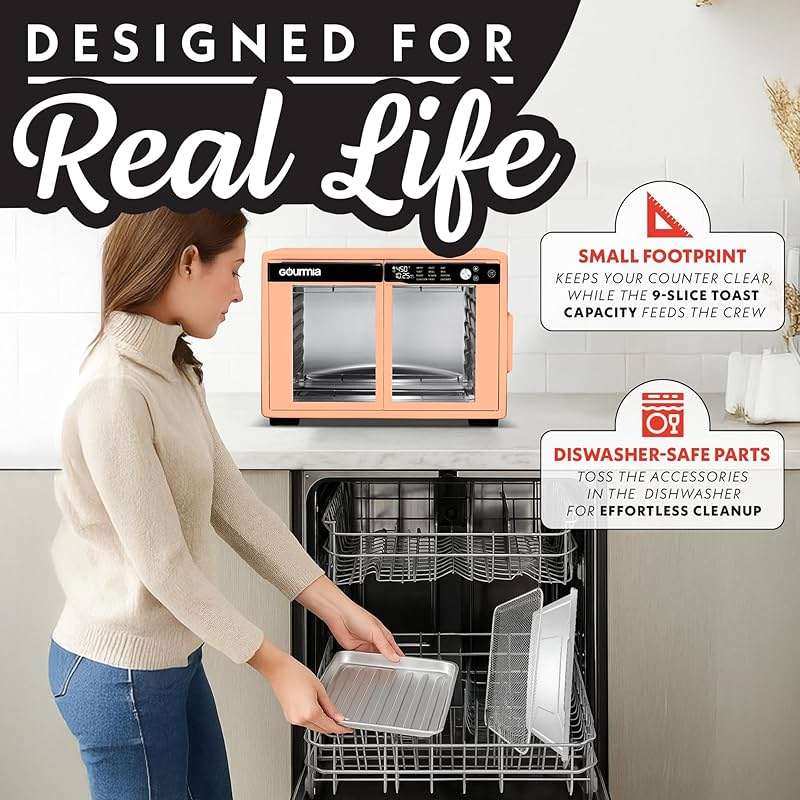Gourmia French Door Air Fryer Oven - 37 Qt Large Capacity Convection Toaster Oven, FryForce 360°, Digital Display, 12 Cooking Presets, Dehydrate, Fits 13” Pizza, Dishwasher-Safe, Peach - Image 8