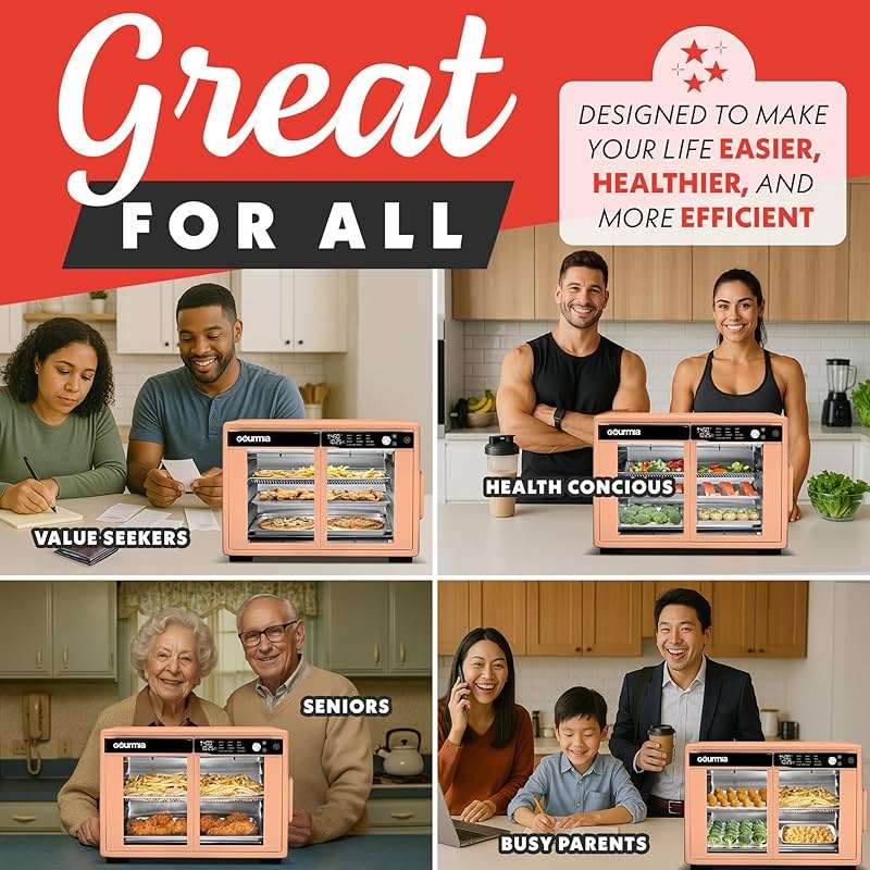 Gourmia French Door Air Fryer Oven - 37 Qt Large Capacity Convection Toaster Oven, FryForce 360°, Digital Display, 12 Cooking Presets, Dehydrate, Fits 13” Pizza, Dishwasher-Safe, Peach - Image 9