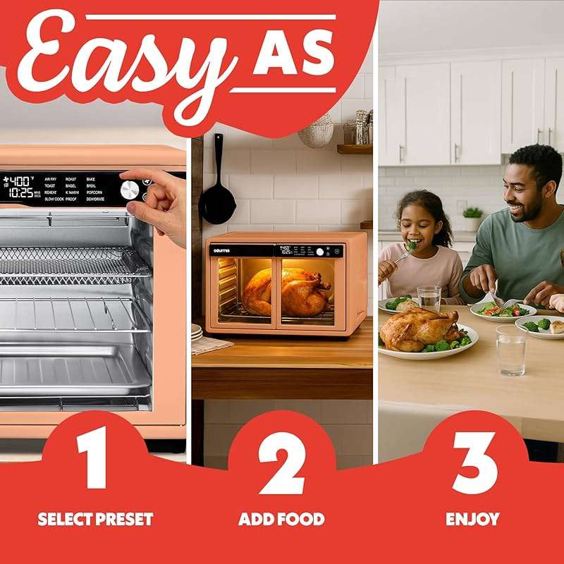 Gourmia French Door Air Fryer Oven - 37 Qt Large Capacity Convection Toaster Oven, FryForce 360°, Digital Display, 12 Cooking Presets, Dehydrate, Fits 13” Pizza, Dishwasher-Safe, Peach - Image 10