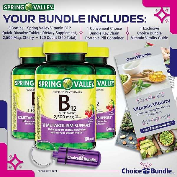 Spring Valley Vitamin B12 Quick Dissolve Tablets 2500 Mcg B Vitamins Complex 120 Ct 3 pk (360 Total) + Vitamin Vitality & Pill Container (5 Items)! - Image 2