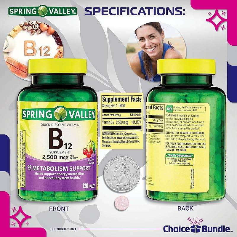 Spring Valley Vitamin B12 Quick Dissolve Tablets 2500 Mcg B Vitamins Complex 120 Ct 3 pk (360 Total) + Vitamin Vitality & Pill Container (5 Items)! - Image 3