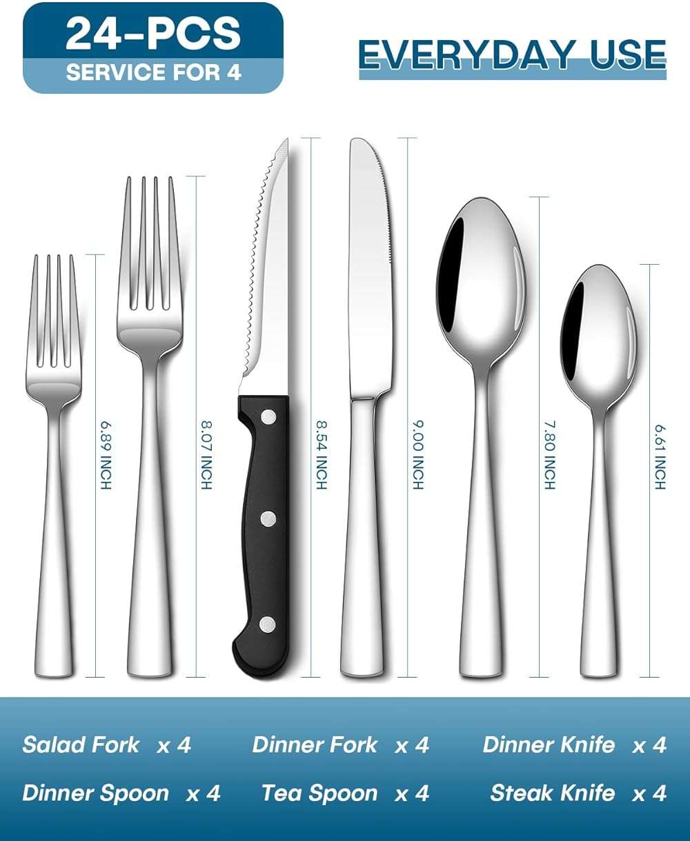 Stapava 24-Piece Silverware Set with Steak Knives, Food-Grade Stainless Steel Flatware Set for 4 Mirror Polished Cutlery Utensil Sets Include Forks Spoons and Knives Set Dishwasher Safe - Image 3