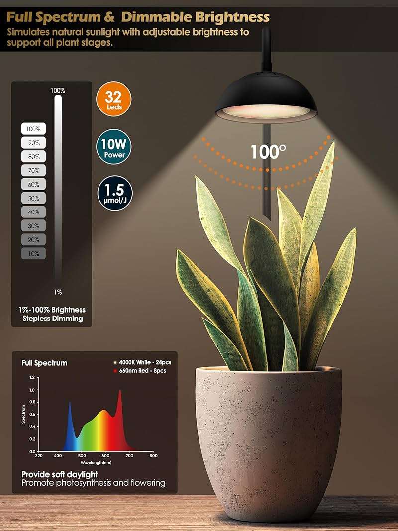GLOWRIUM Smart Grow Lights for Indoor Plants,10W Full Spectrum LED Plant Light with 3/9/12 Timer,10 Dimmable Levels,Height Adjustable Grow Light with Base (Black) - Image 6