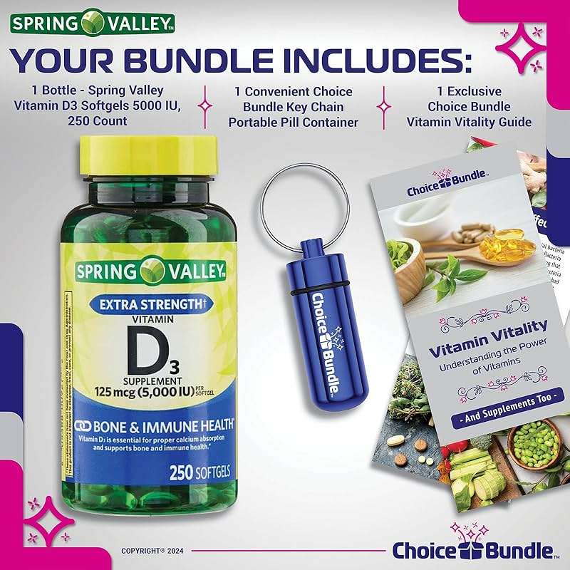Spring Valley Vitamin D3 Softgels 125 mcg 5000 IU 250 Ct Plus Vitamin Vitality & Pill Container (3 Items)! - Image 2