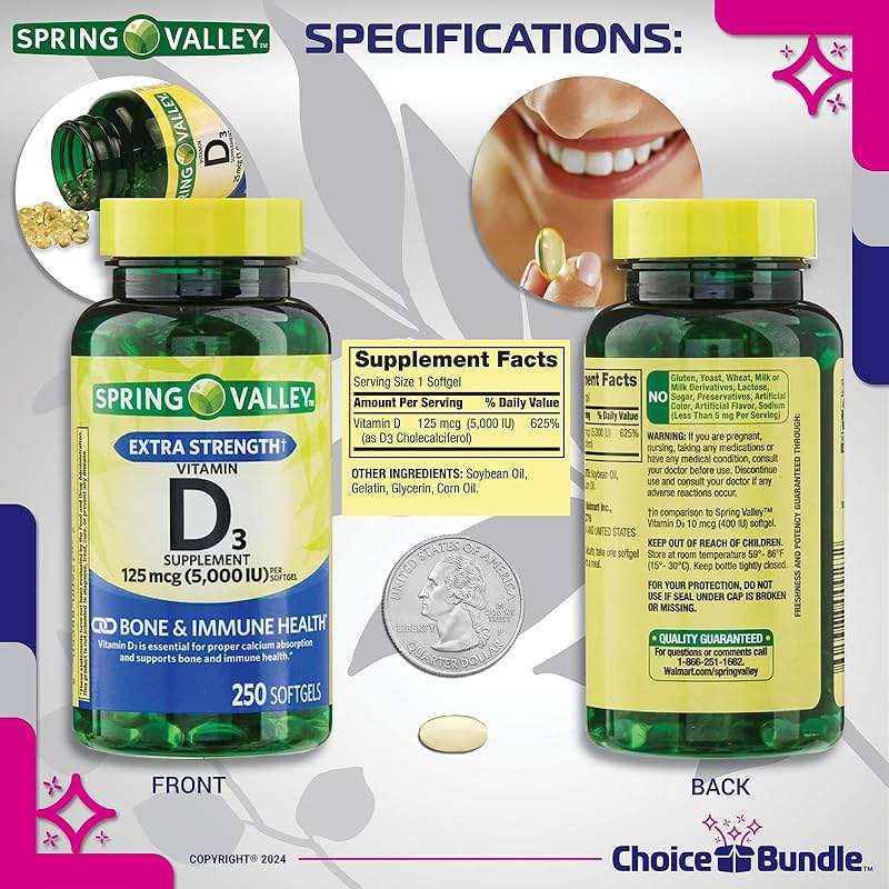 Spring Valley Vitamin D3 Softgels 125 mcg 5000 IU 250 Ct Plus Vitamin Vitality & Pill Container (3 Items)! - Image 3