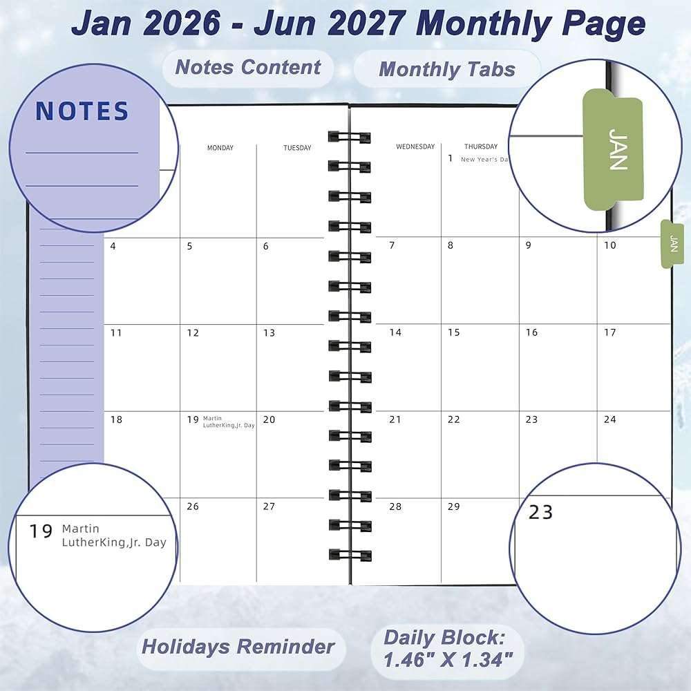 Daily Planner 2026-2027, 2026 Planner Weekly and Monthly, Jan 2026-Jun 2027, 18 Month Agenda Planner with Tabs Sticker, A5 Size, Black - Image 2