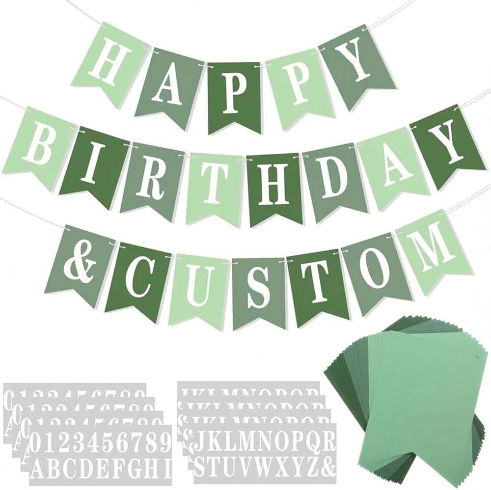 Mooliwe 171 Pcs DIY Custom Banner Kit Make Your Own Customizable Sign for Birthday Wedding Party Decoration Include 20 Paper Pennant 148 Letters and Numbers 1 Rope 2 Threading Device(Green) - Image 1