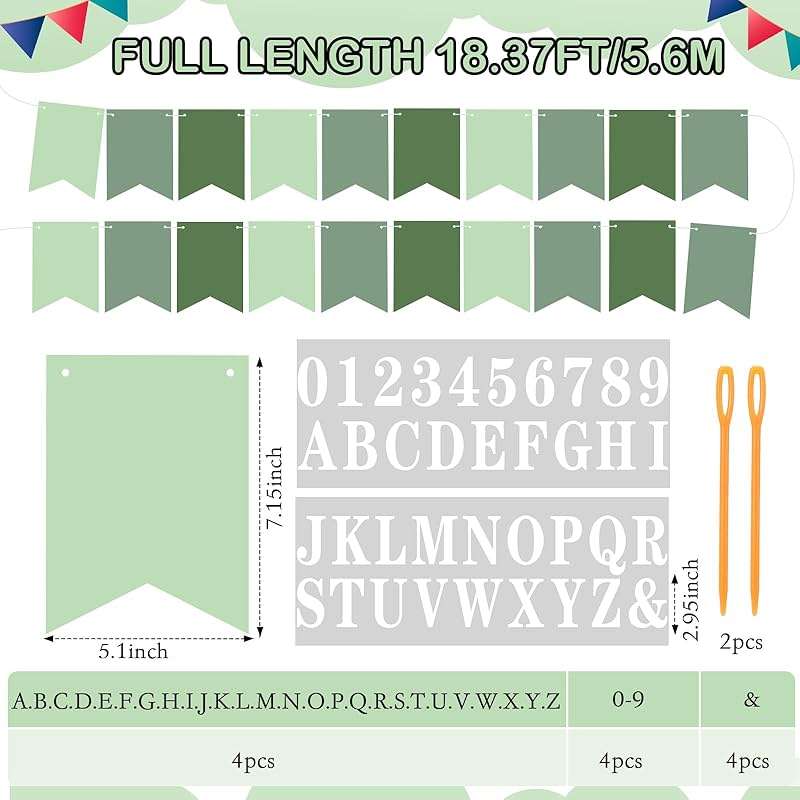 Mooliwe 171 Pcs DIY Custom Banner Kit Make Your Own Customizable Sign for Birthday Wedding Party Decoration Include 20 Paper Pennant 148 Letters and Numbers 1 Rope 2 Threading Device(Green) - Image 3