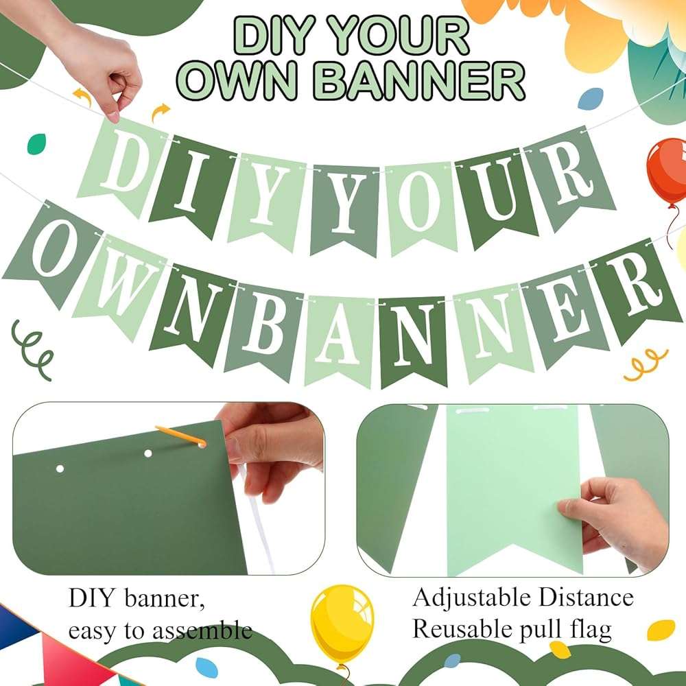 Mooliwe 171 Pcs DIY Custom Banner Kit Make Your Own Customizable Sign for Birthday Wedding Party Decoration Include 20 Paper Pennant 148 Letters and Numbers 1 Rope 2 Threading Device(Green) - Image 4