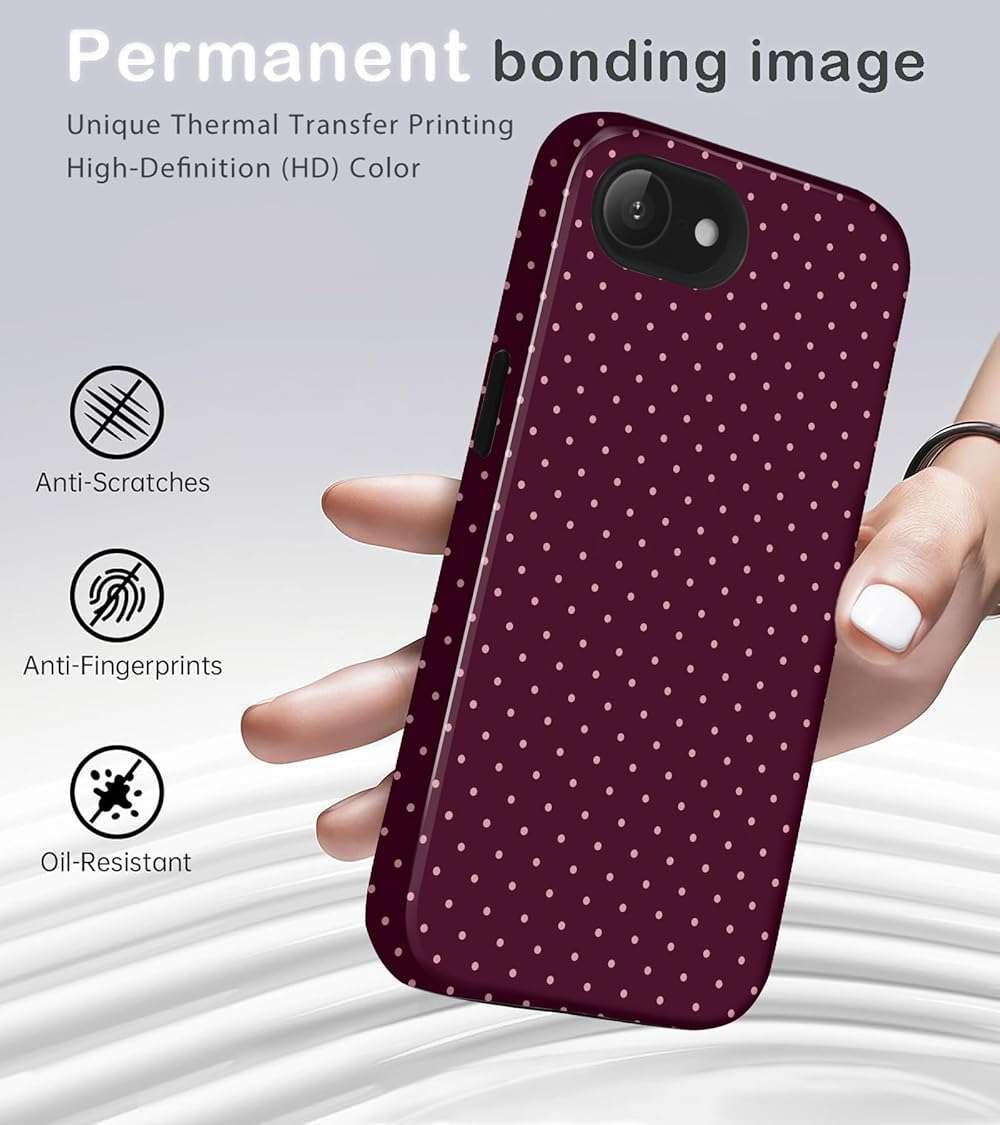 Amzfield Compatible with iPhone 16e/17e Case Cute Polka Dot Aesthetic for Women Girls Chic Girly Dual Layer Hybrid Protection Case for iPhone 16e for iPhone 17e, Burgundy - Image 2