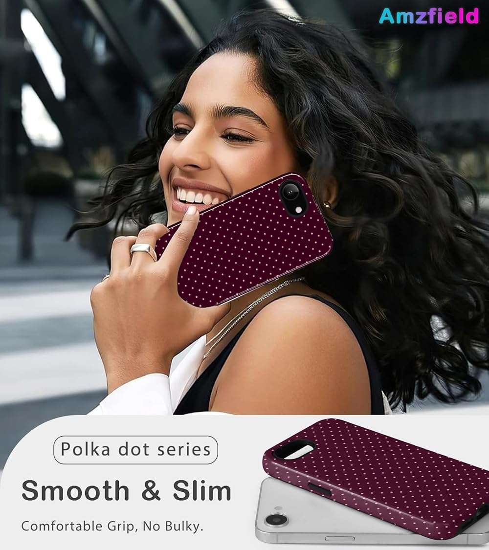 Amzfield Compatible with iPhone 16e/17e Case Cute Polka Dot Aesthetic for Women Girls Chic Girly Dual Layer Hybrid Protection Case for iPhone 16e for iPhone 17e, Burgundy - Image 6