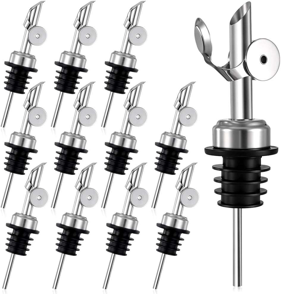 12 Pack Olive Oil Dispenser Spout Speed Liquor Pour Spout with Flip Top Stainless Steel Pour Spouts for Bottles Weighted Liquor Pours Spouts with 12 Adapters for Large Neck Bottles - Image 1