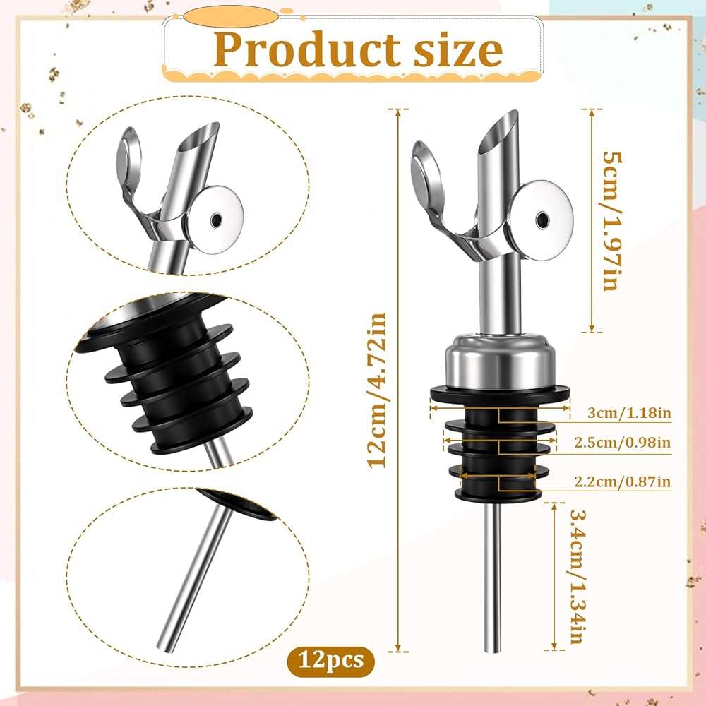 12 Pack Olive Oil Dispenser Spout Speed Liquor Pour Spout with Flip Top Stainless Steel Pour Spouts for Bottles Weighted Liquor Pours Spouts with 12 Adapters for Large Neck Bottles - Image 3
