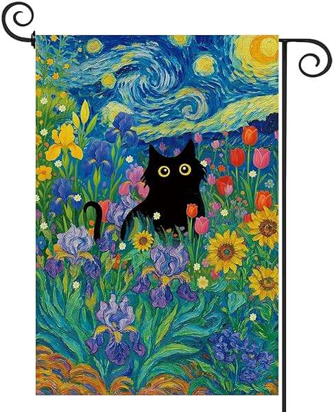 Baccessor Spring Summer Black Cat Garden Flag Double Sided 12.5 x 18 Inch Burlap with Clip and Stopper,Starry Night Flowers Flag Yard Lawn Seasonal Farmhouse Outside Outdoor Decoration - Image 1