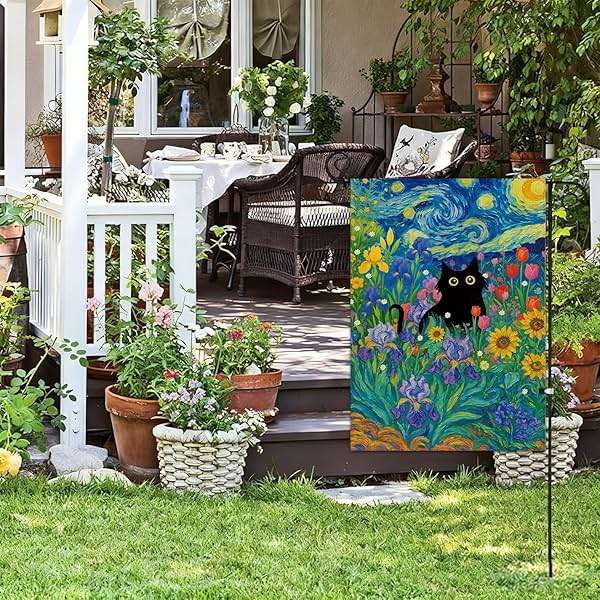 Baccessor Spring Summer Black Cat Garden Flag Double Sided 12.5 x 18 Inch Burlap with Clip and Stopper,Starry Night Flowers Flag Yard Lawn Seasonal Farmhouse Outside Outdoor Decoration - Image 2