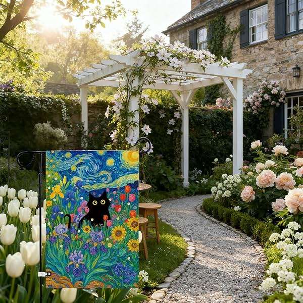 Baccessor Spring Summer Black Cat Garden Flag Double Sided 12.5 x 18 Inch Burlap with Clip and Stopper,Starry Night Flowers Flag Yard Lawn Seasonal Farmhouse Outside Outdoor Decoration - Image 3