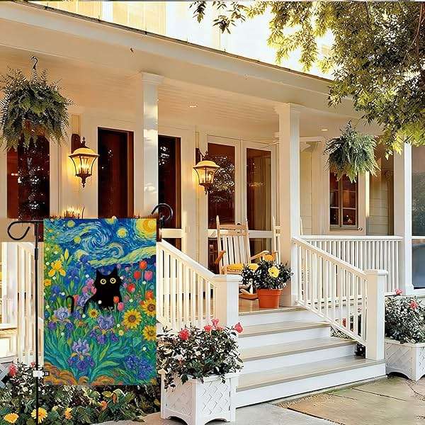 Baccessor Spring Summer Black Cat Garden Flag Double Sided 12.5 x 18 Inch Burlap with Clip and Stopper,Starry Night Flowers Flag Yard Lawn Seasonal Farmhouse Outside Outdoor Decoration - Image 4