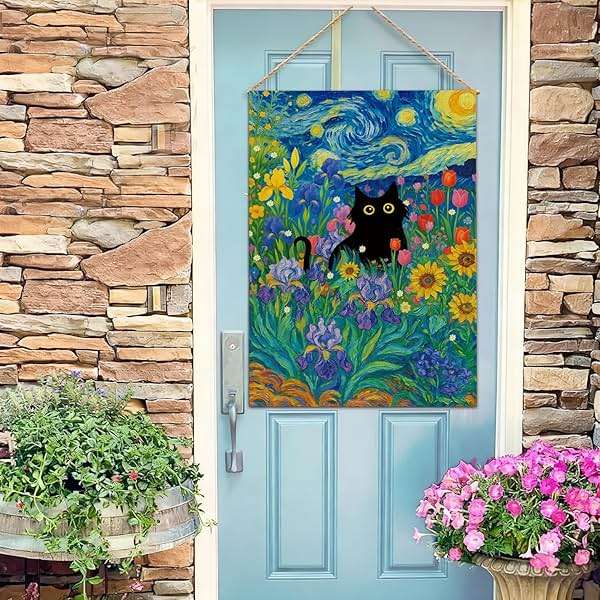 Baccessor Spring Summer Black Cat Garden Flag Double Sided 12.5 x 18 Inch Burlap with Clip and Stopper,Starry Night Flowers Flag Yard Lawn Seasonal Farmhouse Outside Outdoor Decoration - Image 6