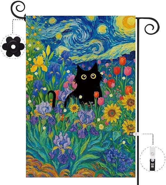 Baccessor Spring Summer Black Cat Garden Flag Double Sided 12.5 x 18 Inch Burlap with Clip and Stopper,Starry Night Flowers Flag Yard Lawn Seasonal Farmhouse Outside Outdoor Decoration - Image 7