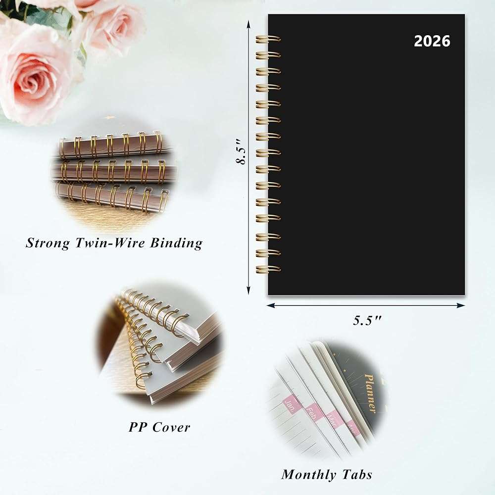 2026 Weekly and Monthly Planner, From January 2026 to December 2026, 5.5" x 8.5" Daily Planner for Productivity, Goal Setting & Time Management, Organizer for Work & School - Black Hard Cover - Image 3