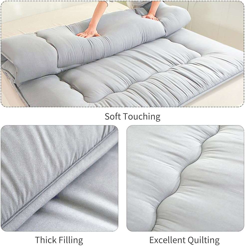 FISHDRU Futon Mattress, Japanese Floor Mattress,Japanese Floor Bed,Tatami Foldable Bed,Roll Up Sleeping Pad for Adults Guest Room Bedroom (Lgrey, Twin) - Image 3