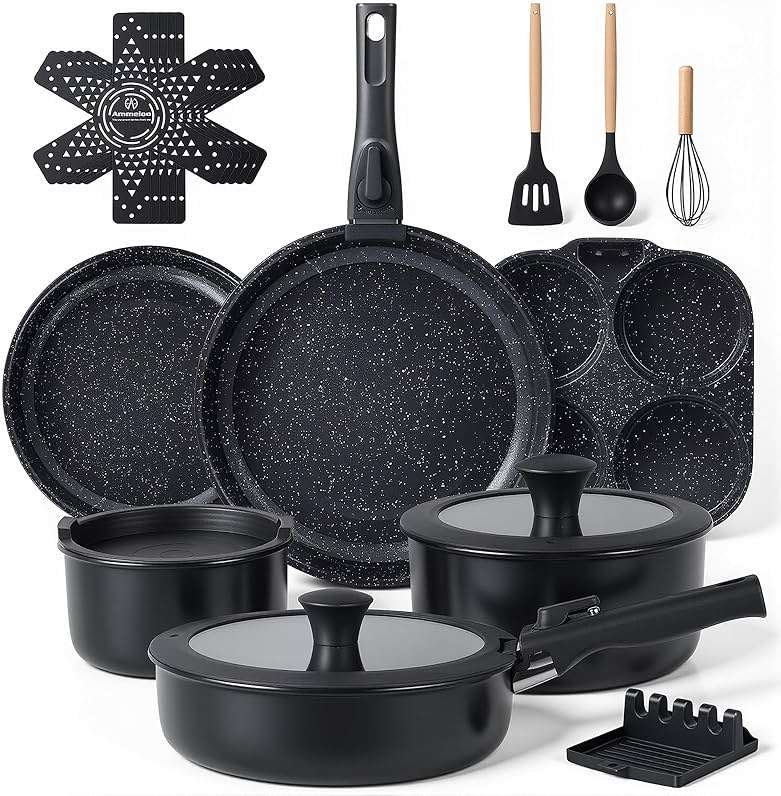 Ammeloo 21-Piece Ceramic Pots and Pans Set Non Stick with Detachable Handles and Egg Frying Pan, Non-Toxic Cookware, Induction Ready, Oven Safe, Stackable for Storage, Black Speckled - Image 1
