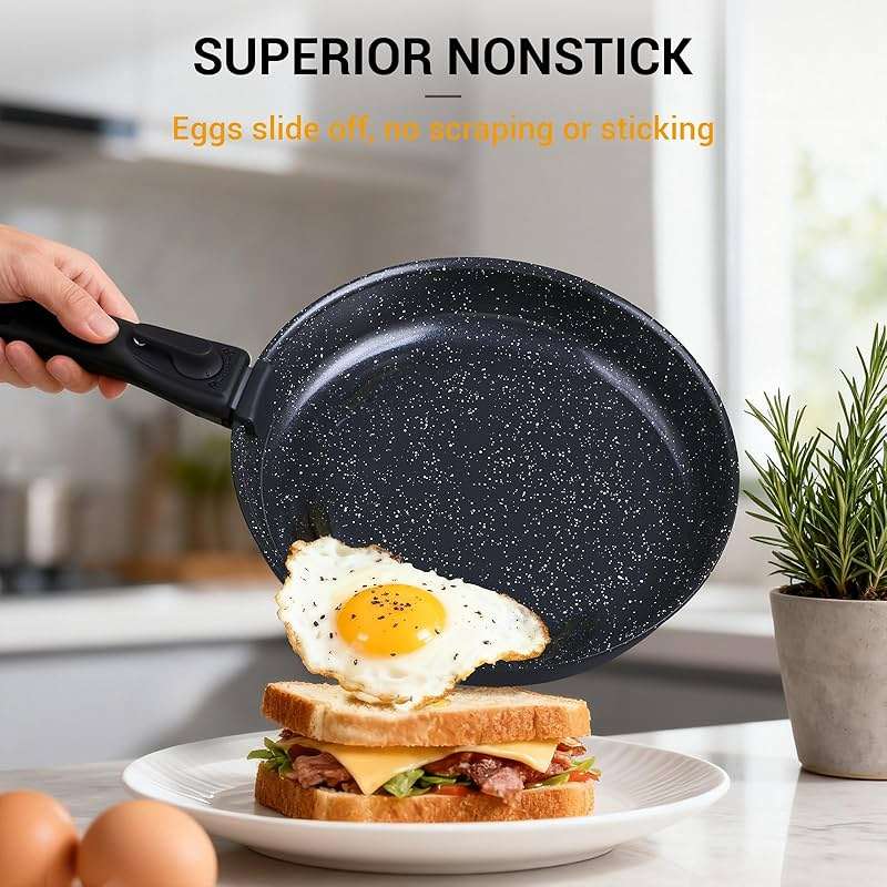 Ammeloo 21-Piece Ceramic Pots and Pans Set Non Stick with Detachable Handles and Egg Frying Pan, Non-Toxic Cookware, Induction Ready, Oven Safe, Stackable for Storage, Black Speckled - Image 2