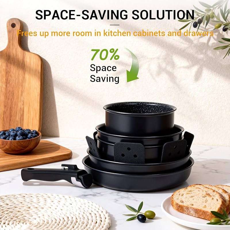 Ammeloo 21-Piece Ceramic Pots and Pans Set Non Stick with Detachable Handles and Egg Frying Pan, Non-Toxic Cookware, Induction Ready, Oven Safe, Stackable for Storage, Black Speckled - Image 5