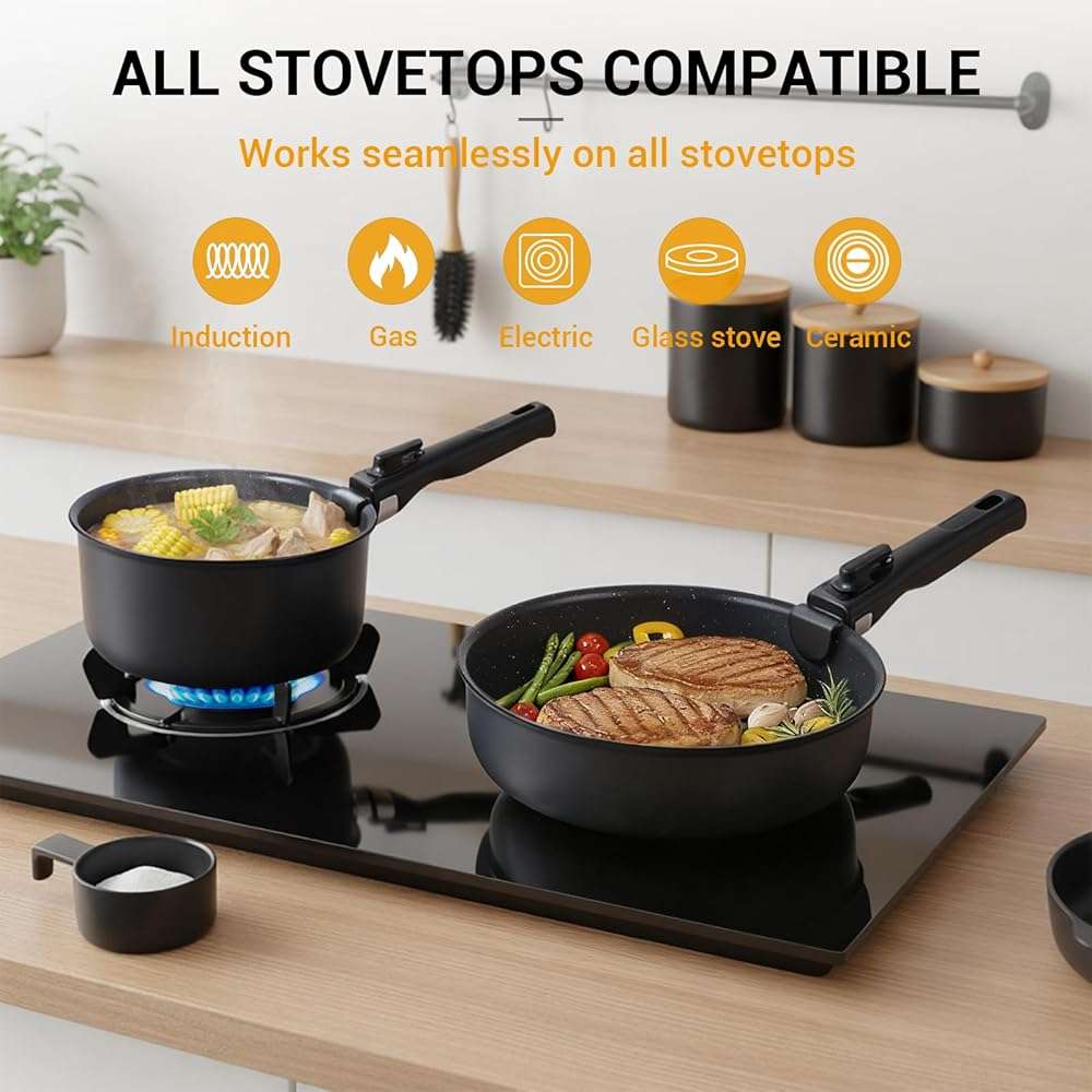 Ammeloo 21-Piece Ceramic Pots and Pans Set Non Stick with Detachable Handles and Egg Frying Pan, Non-Toxic Cookware, Induction Ready, Oven Safe, Stackable for Storage, Black Speckled - Image 7